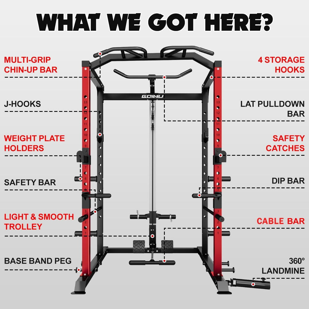 Power Cage, 2000LBS Squat Rack with LAT Pulldown, Multi-Function Weight Cage Strength Training Machine, Workout Cage with More Attachments for Home Gym Garage