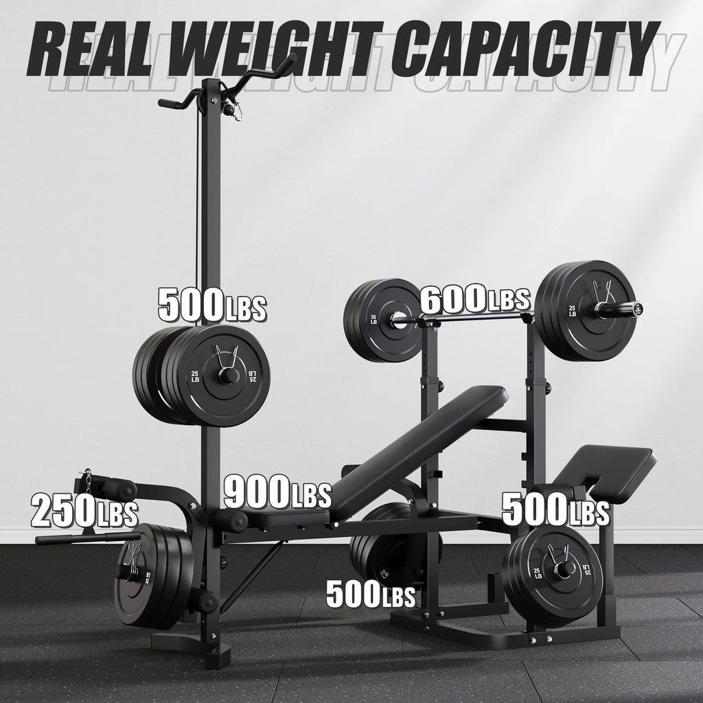 900LBS Olympic Weight Bench,9 in 1 Multifunction Strength Training Bench with Leg Extension,Preacher Curl Pad and LAT Pulldown for Home Gym with Olympic Bar and 120lb Weight Plates,Black