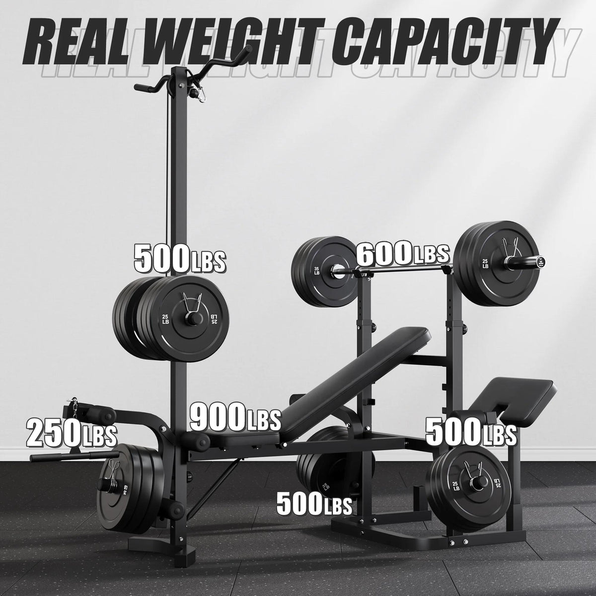 900LBS Olympic Weight Bench,9 in 1 Multifunction Strength Training Bench with Leg Extension,Preacher Curl Pad and LAT Pulldown for Home Gym with Olympic Bar and 120lb Weight Plates,Black