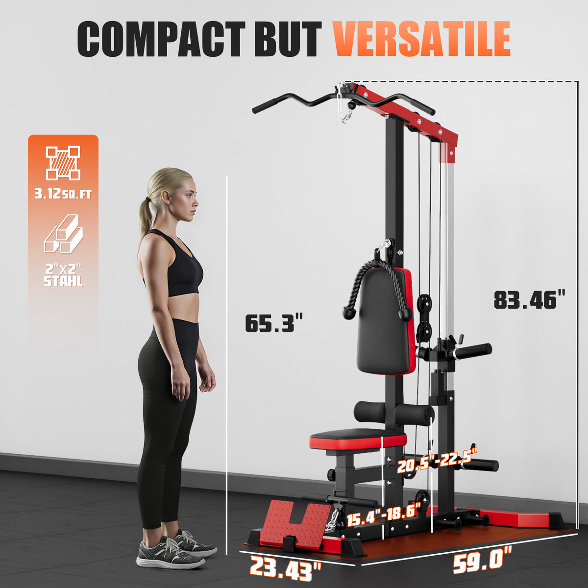 MITONOS 3 in 1 LAT Pulldown Machine,LAT Row Cable Machine with AB Crunch and Cable Row Attachments for Home Gym,High or Low Pulley Stations with Weight Plates (Red)
