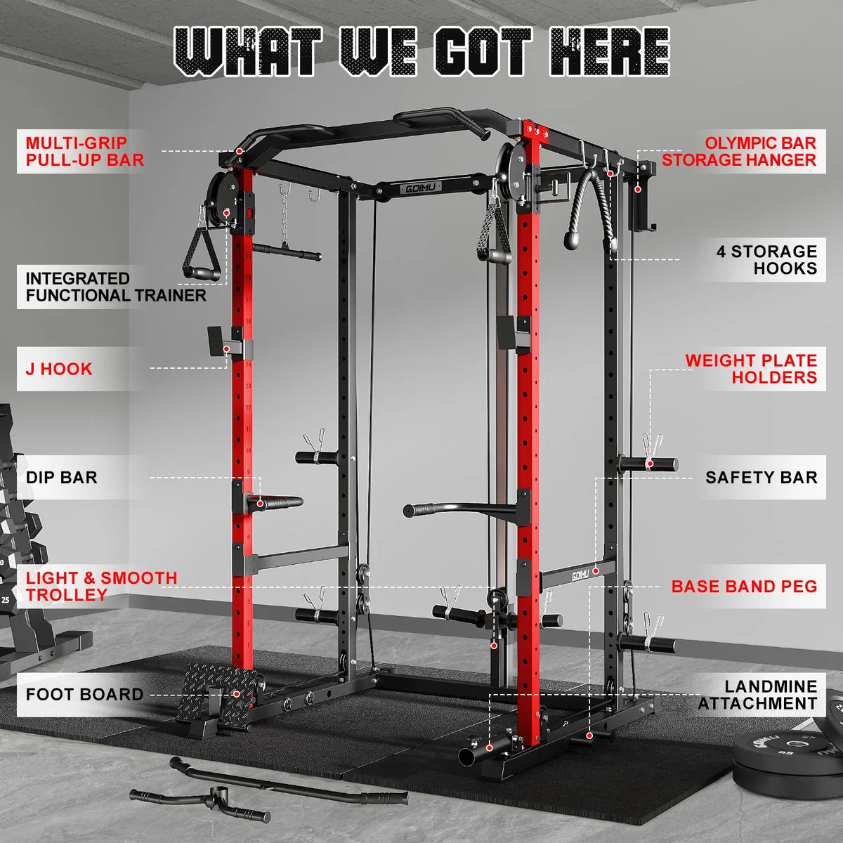 MITONOS Power Cage, 2000LB Squat Rack with Cable Crossover System, Multi-Function Weight Cage, Home Gym Workout Machine with More Training Attachments, RD