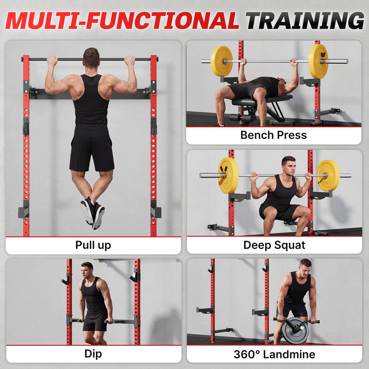 MITONOS Wall Mount Foldable Squat Power Rack, Compact 1100 lbs Weight Capacity Home Gym Training Station,Heavy-Duty Steel Space Efficient Workout Frame with Pull-up Bar and 360° Landmine,Red