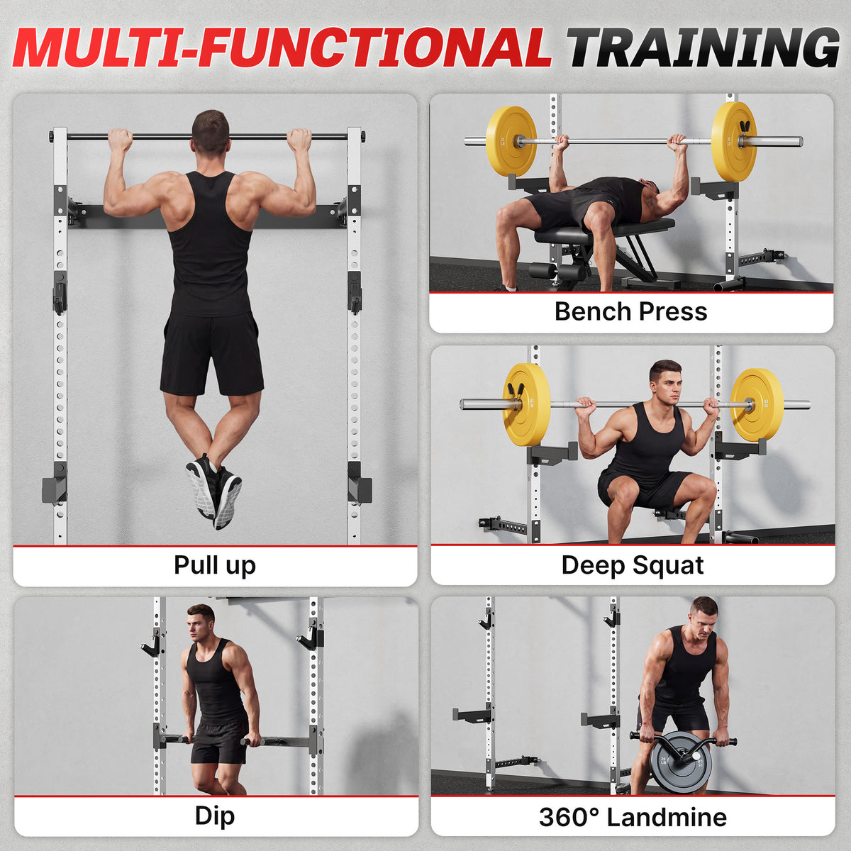 MITONOS Wall Mount Foldable Squat Power Rack, Compact 1100 lbs Weight Capacity Home Gym Training Station,Heavy-Duty Steel Space Efficient Workout Frame with Pull-up Bar and 360° Landmine,White Machine with Barbell and Bench