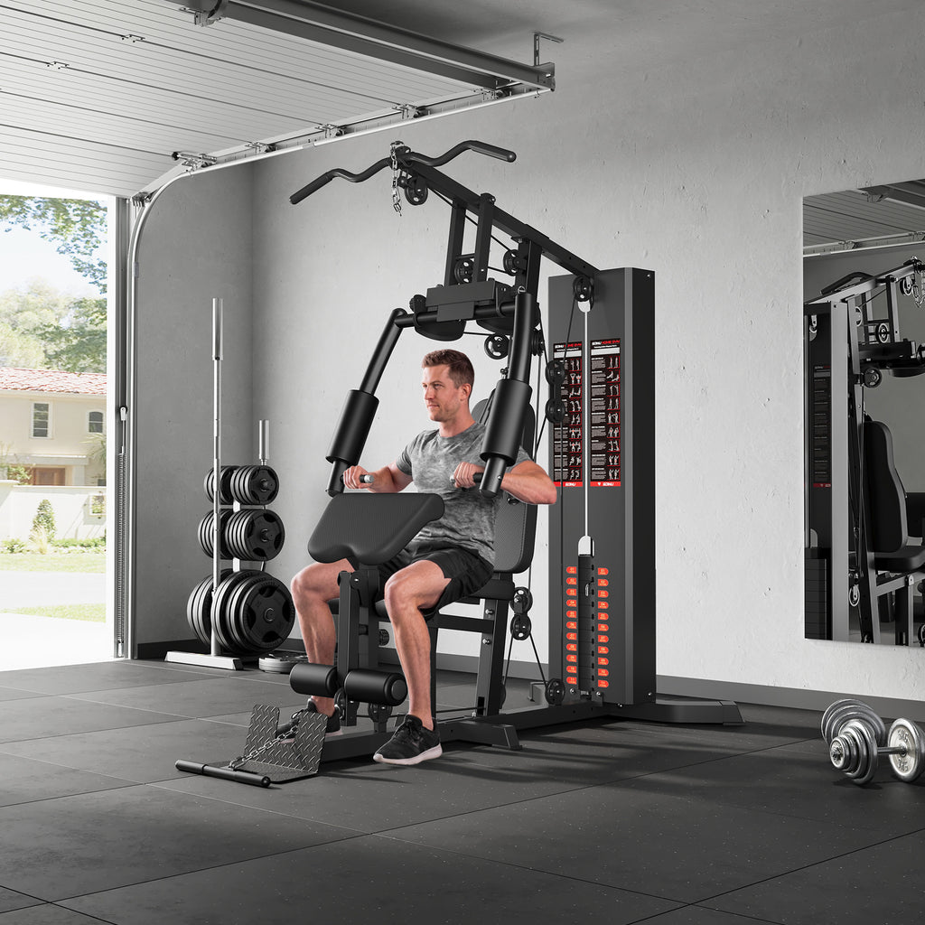 Home Gym System,Workout Station with 140lbs Weight Stack,All in One Home Gym Equipment with Pulley System,Seated Row,Leg Extension for Full Body Strength Training