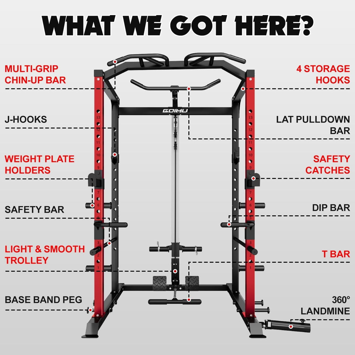 Power Cage, 2000LBS Squat Rack with LAT Pulldown, Multi-Function Weight Cage Strength Training Machine, Workout Cage with More Attachments for Home Gym Garage