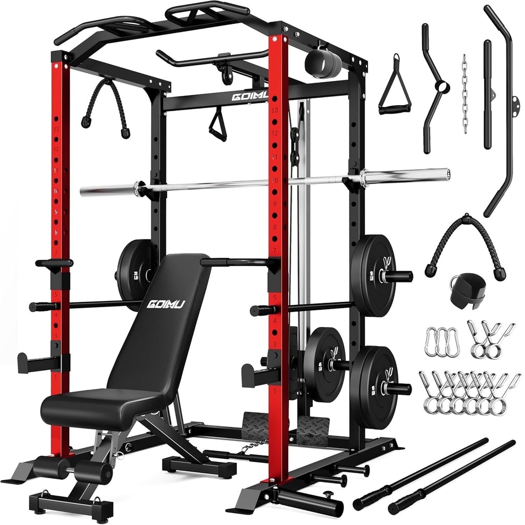 Power Cage, 2000LBS Squat Rack with LAT Pulldown, Multi-Function Weight Cage Strength Training Machine, Workout Cage with More Attachments for Home Gym Garage