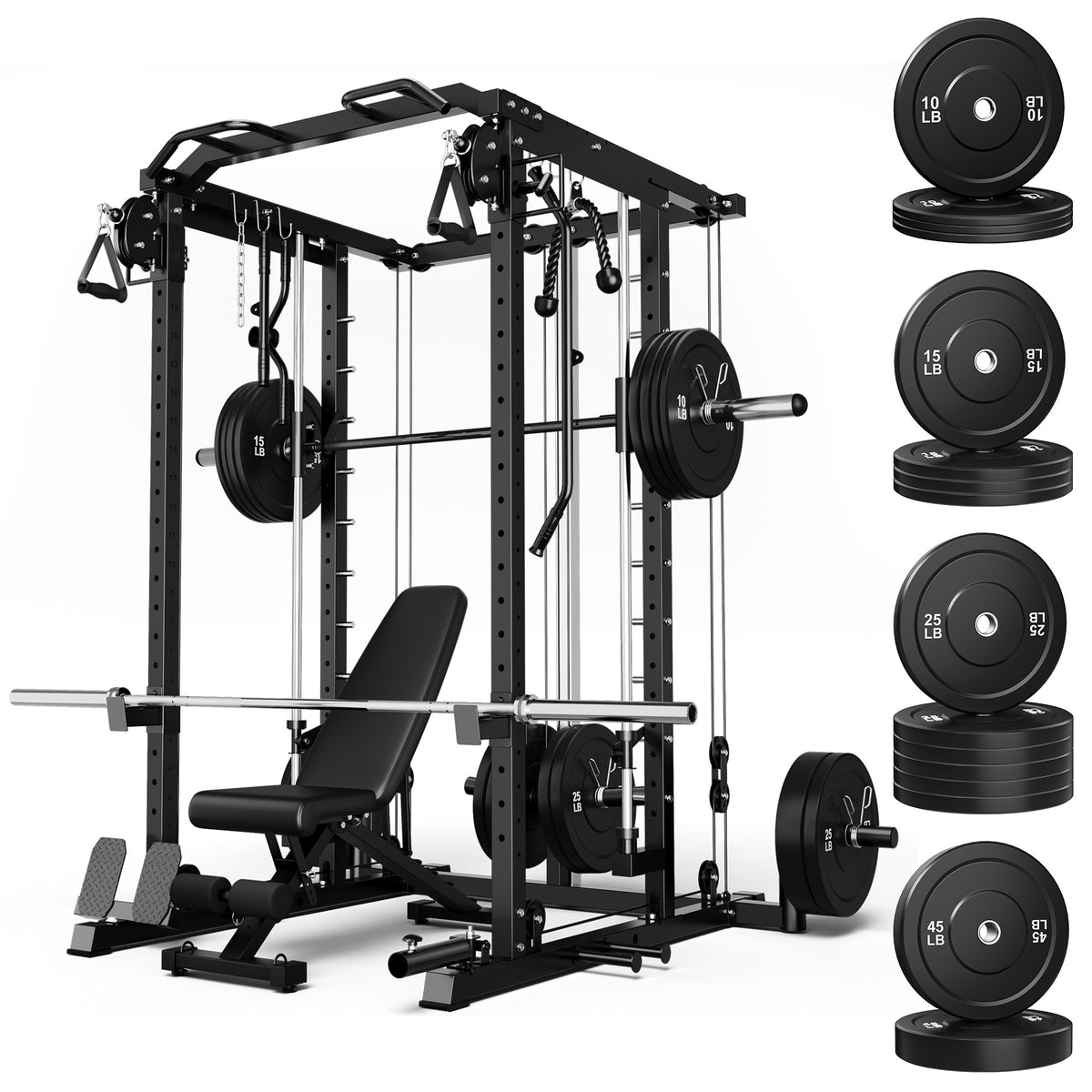 Mitonos Multi-Function Smith Power Cage, 2000 LBS Heavy Duty Squat Rack with Dual Cable Crossover System, All-in-One Home Gym Strength Training Frame with Fitness Accessories