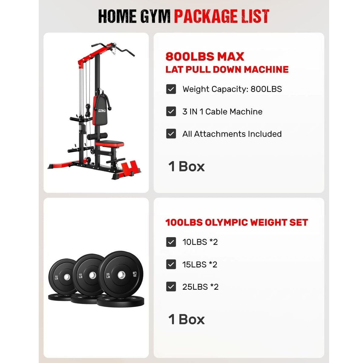MITONOS 3 in 1 LAT Pulldown Machine,LAT Row Cable Machine with AB Crunch and Cable Row Attachments for Home Gym,High or Low Pulley Stations with 100LBS Weight Plates (Red)