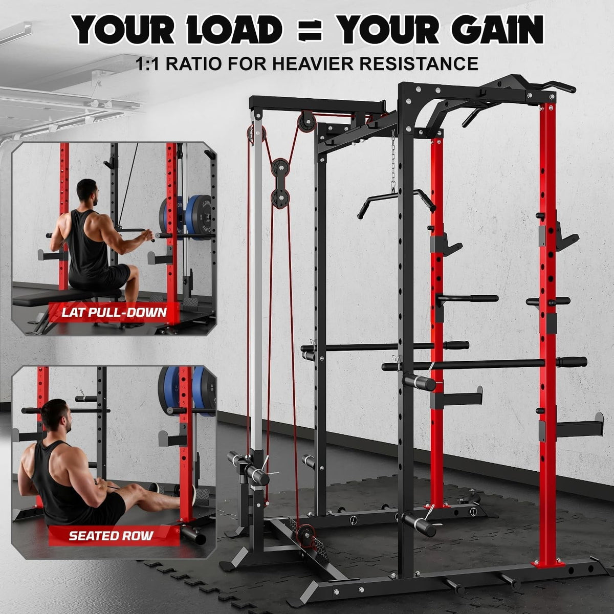 Power Cage, 2000LBS Squat Rack with LAT Pulldown, Multi-Function Weight Cage Strength Training Machine, Workout Cage with More Attachments for Home Gym Garage