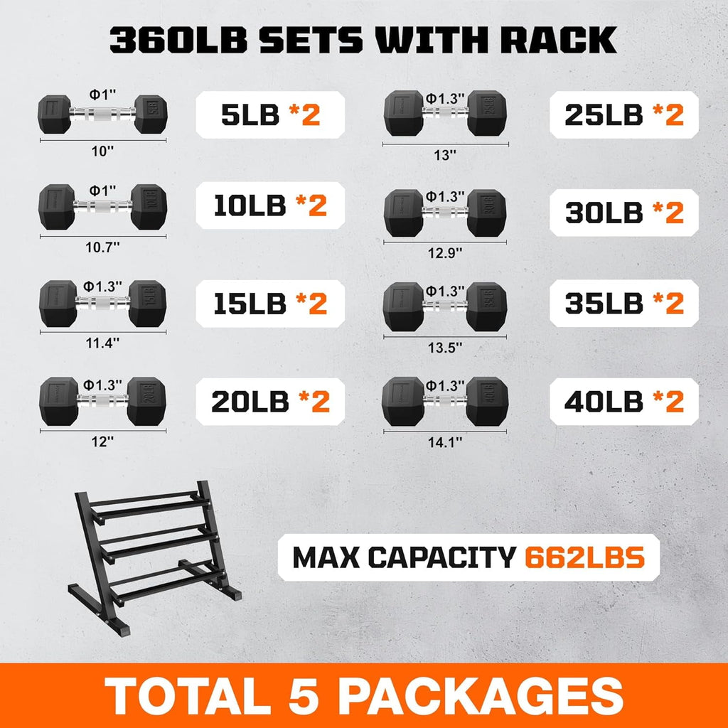 MITONOS 280/360 Dumbbell Sets with Rack, Rubber Hex Dumbbells, Free Weight set for Home Gym, Hand Weights with Chrome Handle for Strength Training