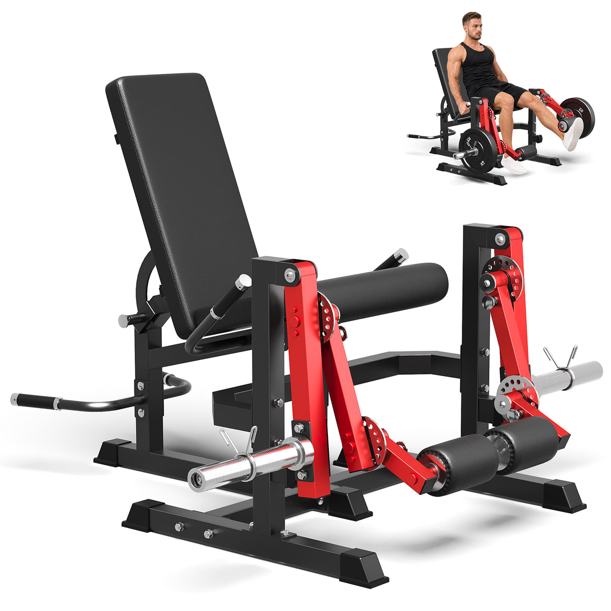 Mitonos Dual Independent Leg Machine Adjustable Unilateral Lower Body Training Equipment Plate Loaded Leg Extension and Leg Curl Machine for Home Gym,Red