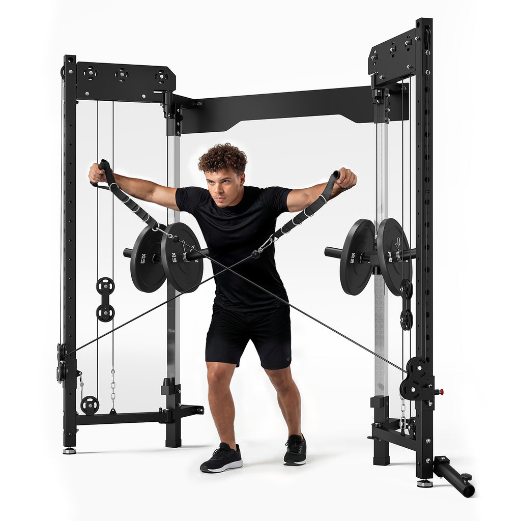 Wall Mounted Folding Squat Rack,1200 LBS Power Rack with Dual Independent Pulley System, 5 Adjustable Modes, Functional Trainer for Space Saving Home Gym with 1000 LB Weight Bench and Barbell ,Black