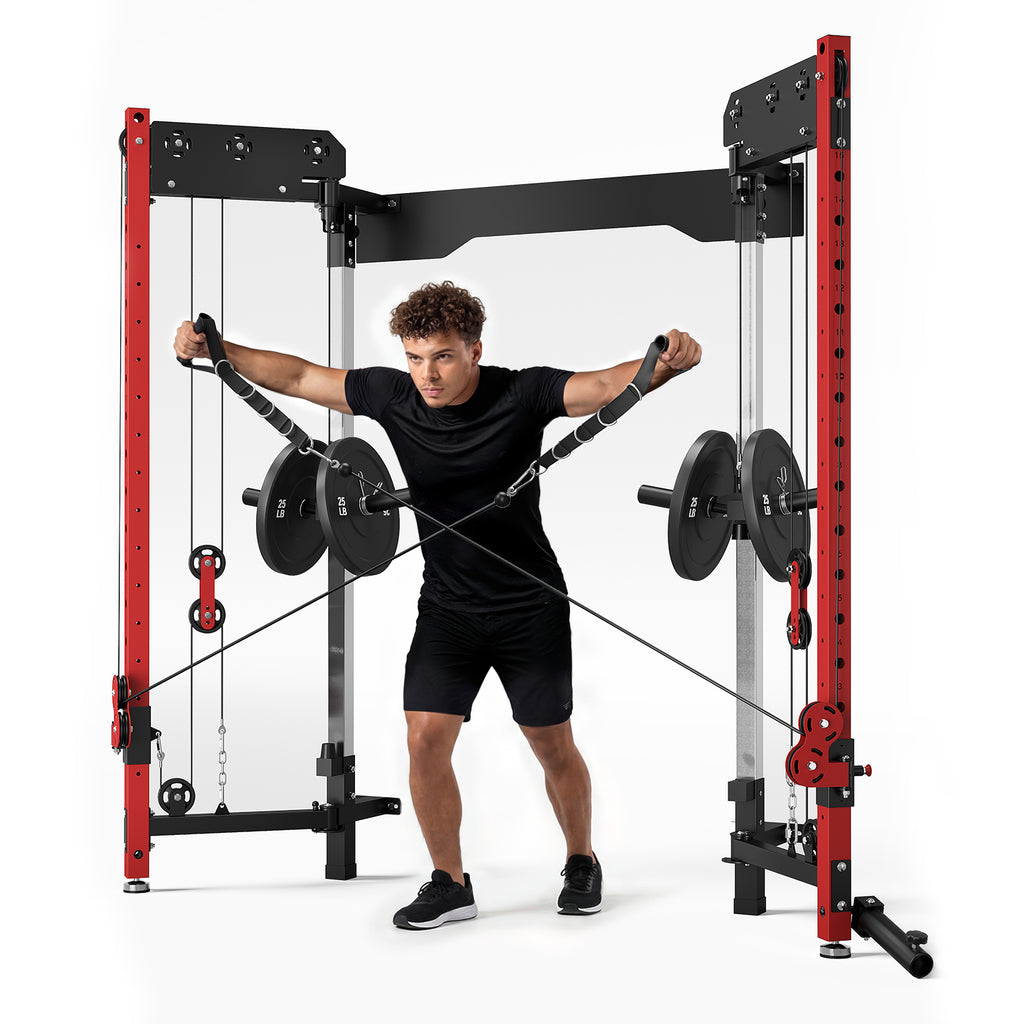 MITONOS Wall Mounted Folding Squat Rack,1200 LBS Power Rack with Dual Independent Pulley System, 5 Adjustable Modes, Functional Trainer for Space Saving Home Gym,Red