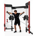 MITONOS Wall Mounted Folding Squat Rack,1200 LBS Power Rack with Dual Independent Pulley System, 5 Adjustable Modes, Functional Trainer for Space Saving Home Gym,Red