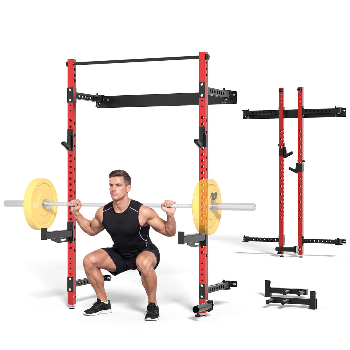 MITONOS Wall Mount Foldable Squat Power Rack, Compact 1100 lbs Weight Capacity Home Gym Training Station,Heavy-Duty Steel Space Efficient Workout Frame with Pull-up Bar and 360° Landmine,Red