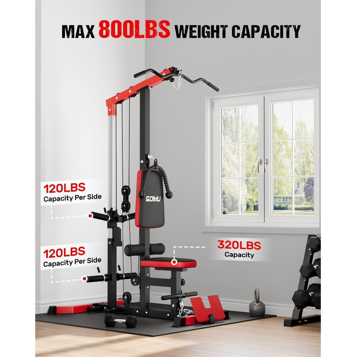 MITONOS 3 in 1 LAT Pulldown Machine,LAT Row Cable Machine with AB Crunch and Cable Row Attachments for Home Gym,High or Low Pulley Stations with 100LBS Weight Plates (Red)
