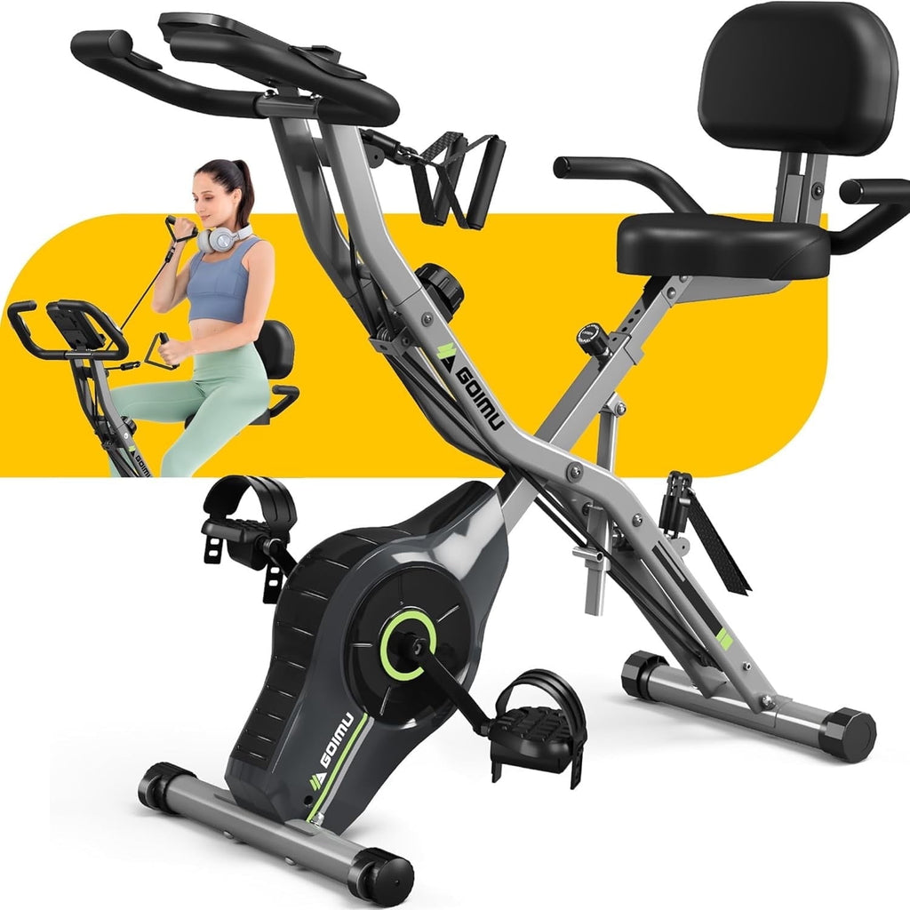 5-in-1 Exercise Bike Quiet Folding Magnetic Upright Bikes with Arm Resistance Bands Home Workout Use,16 Levels of Resistance