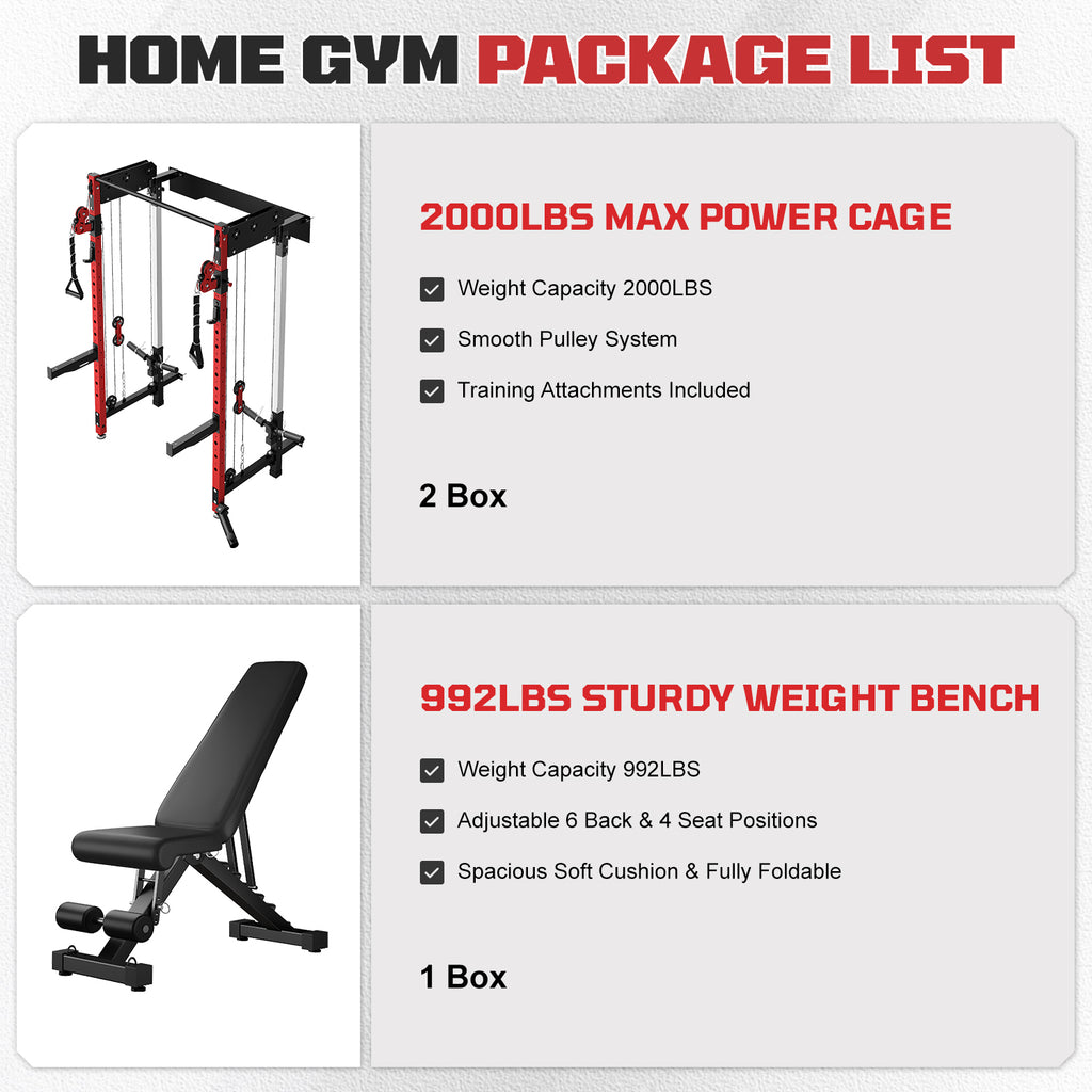 Wall Mounted Folding Squat Rack,1200 LBS Power Rack with Dual Independent Pulley System, 5 Adjustable Modes, Functional Trainer for Space Saving Home Gym with 1000 LB Weight Bench,Red