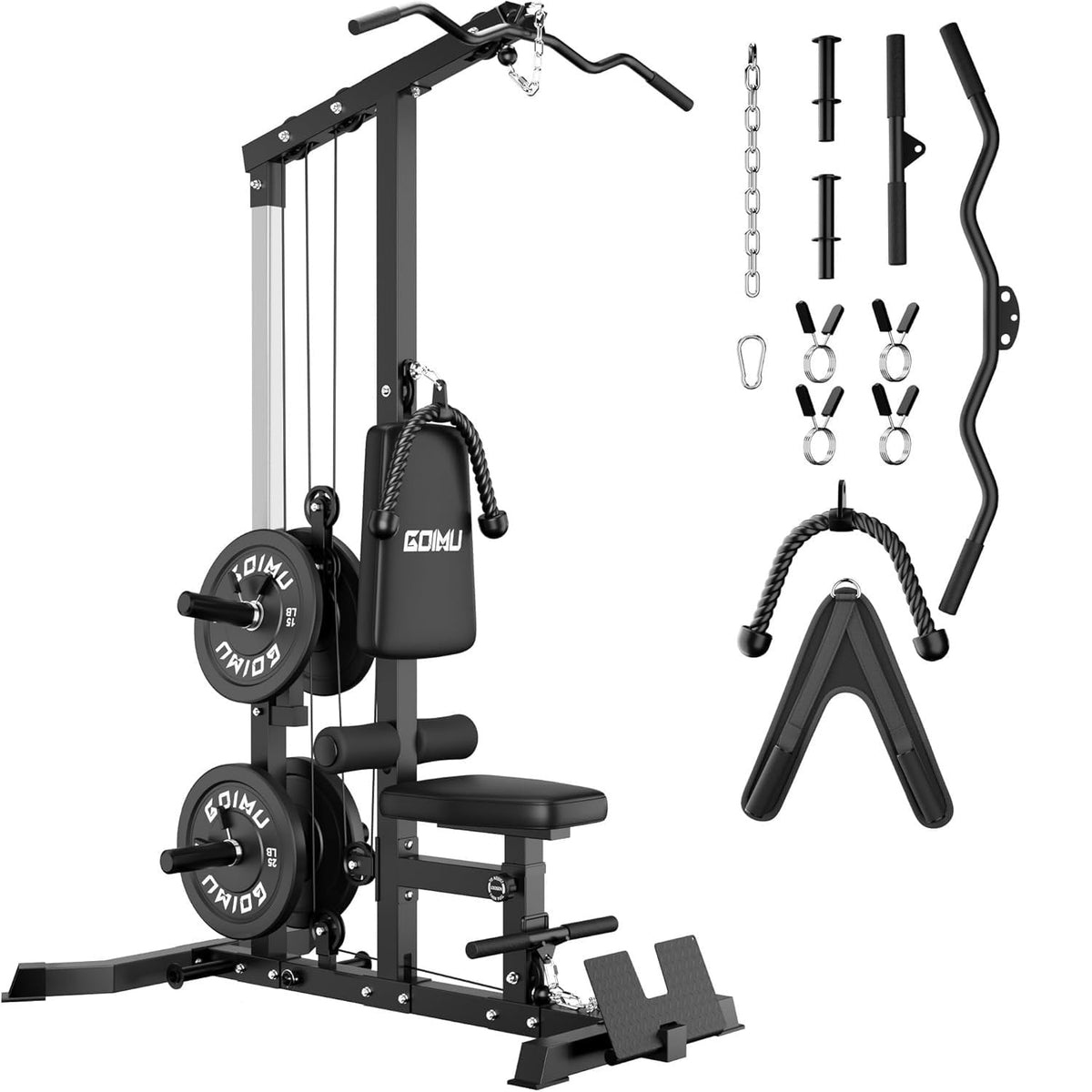 MITONOS 3 in 1 LAT Pulldown Machine,LAT Row Cable Machine with AB Crunch and Cable Row Attachments for Home Gym,High or Low Pulley Stations with 100lbs Weight Plates (Black)
