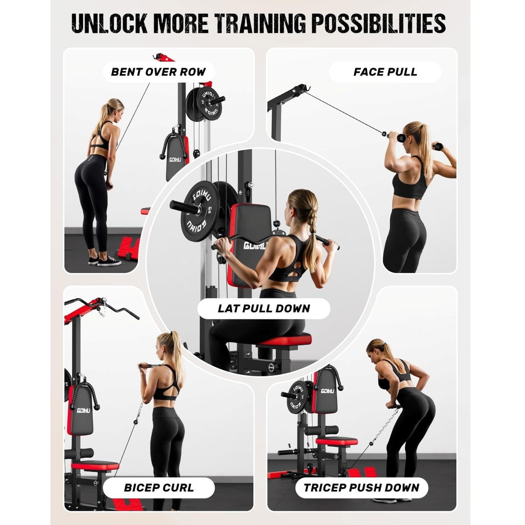 MITONOS 3 in 1 LAT Pulldown Machine,LAT Row Cable Machine with AB Crunch and Cable Row Attachments for Home Gym,High or Low Pulley Stations with 100LBS Weight Plates (Red)