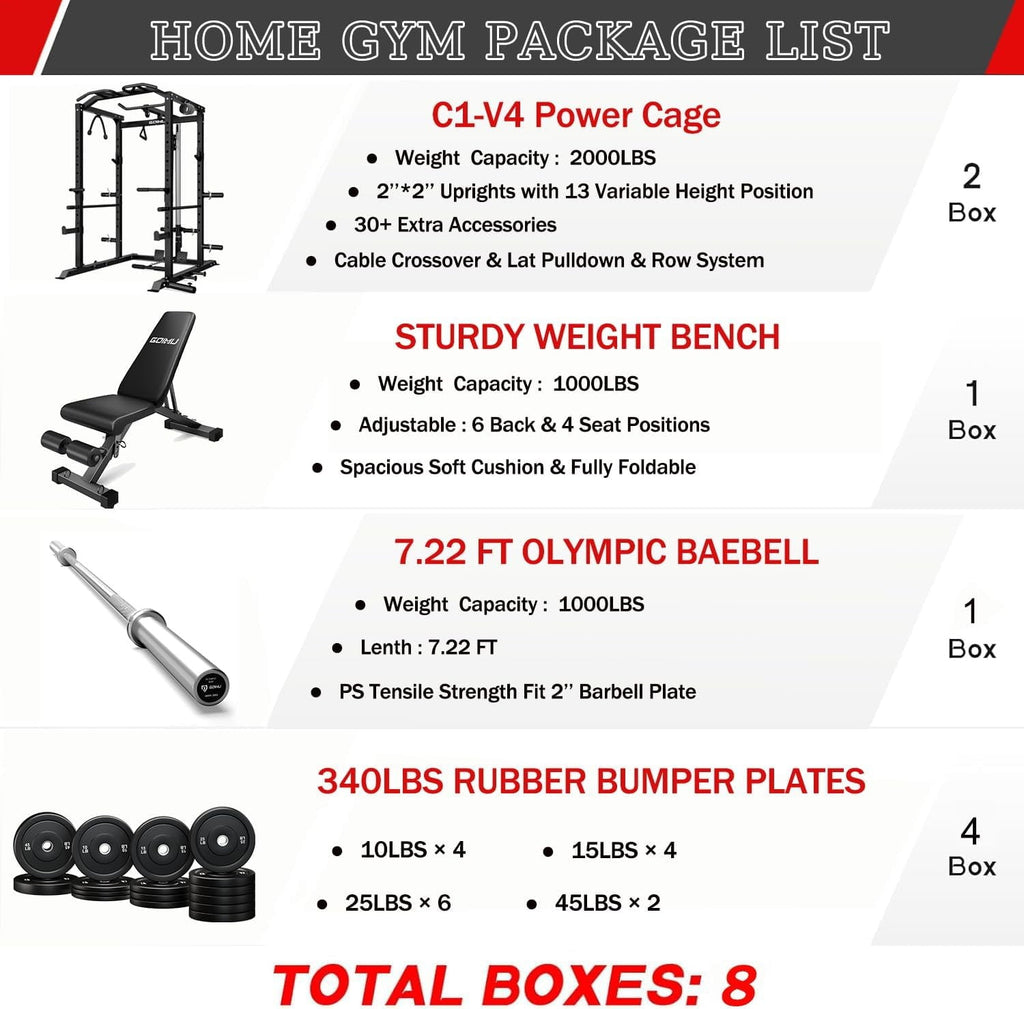 Power Cage, 2000LBS Squat Rack with LAT Pulldown, Multi-Function Weight Cage Strength Training Machine, Workout Cage with More Attachments for Home Gym Garage