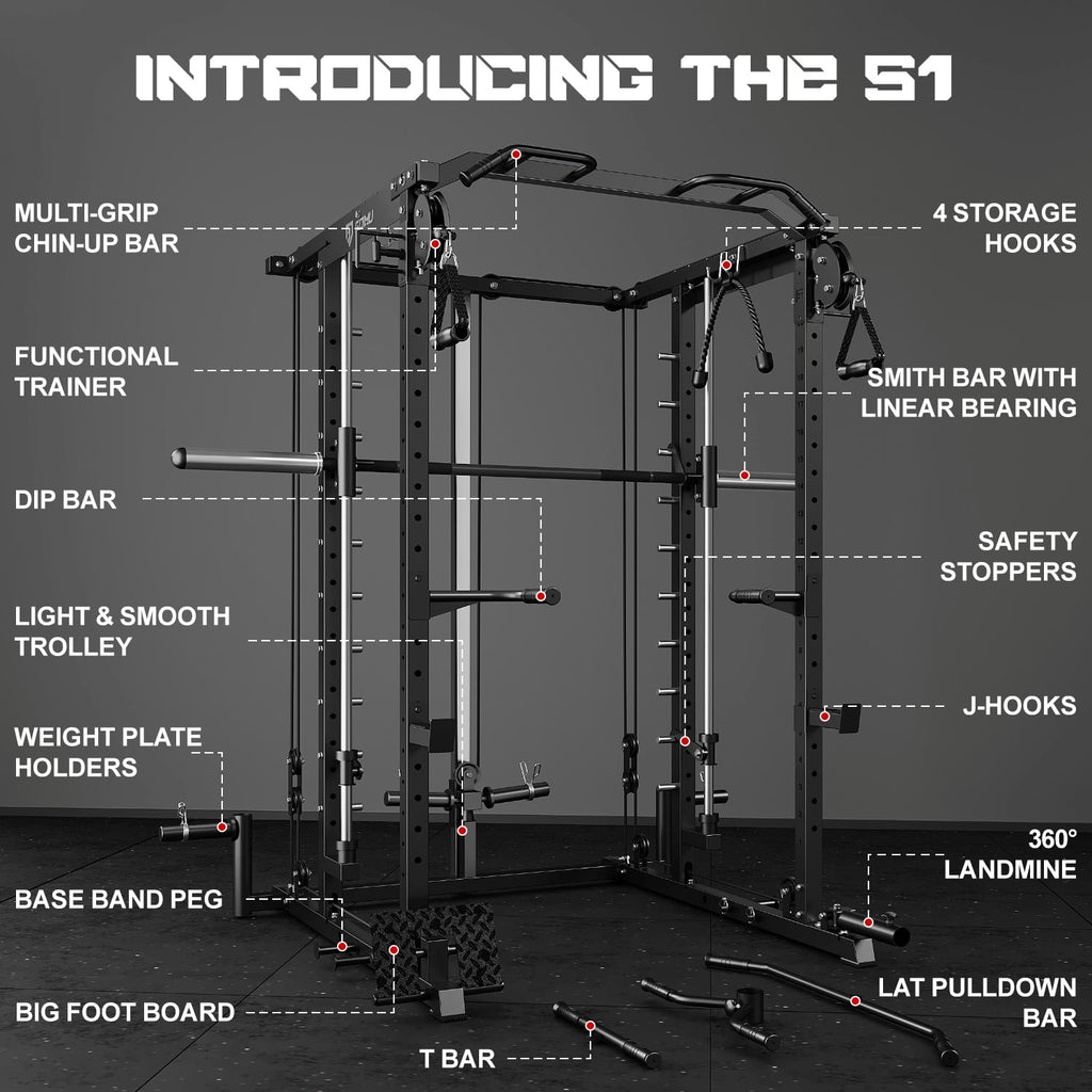 MITONOS S1-V4 Smith Machine, 2000LBS Power Cage with Cable Crossover System, All-in-One Squat Rack with Smith Bar, Workout Cage Strength Training Equipment with Attachments, BK