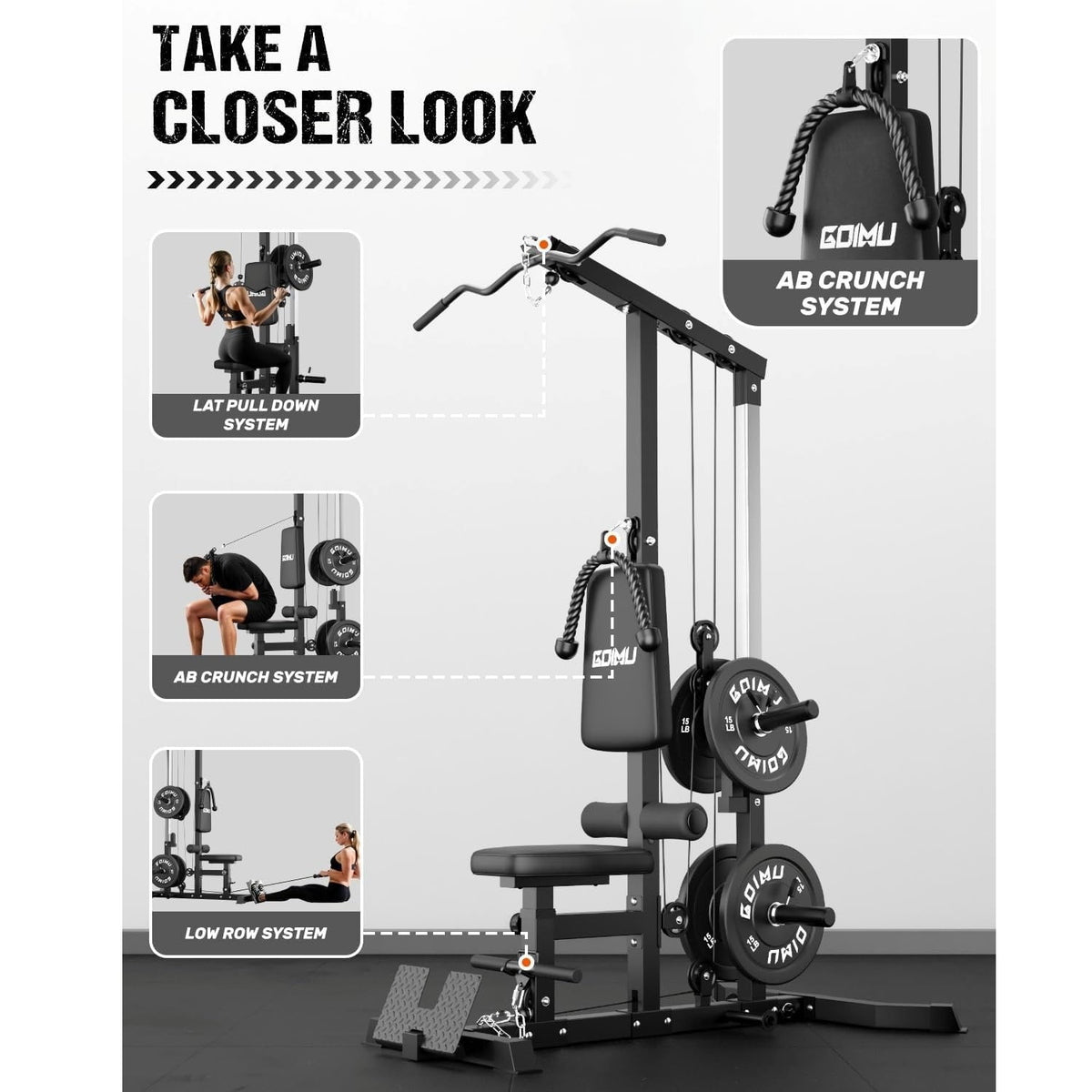 MITONOS 3 in 1 LAT Pulldown Machine,LAT Row Cable Machine with AB Crunch and Cable Row Attachments for Home Gym,High or Low Pulley Stations with 100lbs Weight Plates (Black)